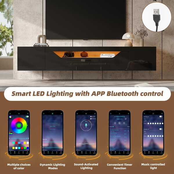 Floating TV Stand with App-Controlled LED Strip and Pull-Down Door, Wall-Mounted TV Unit with Storage Shelves, 180L x 37W x 36H cm, Black Aosom UK