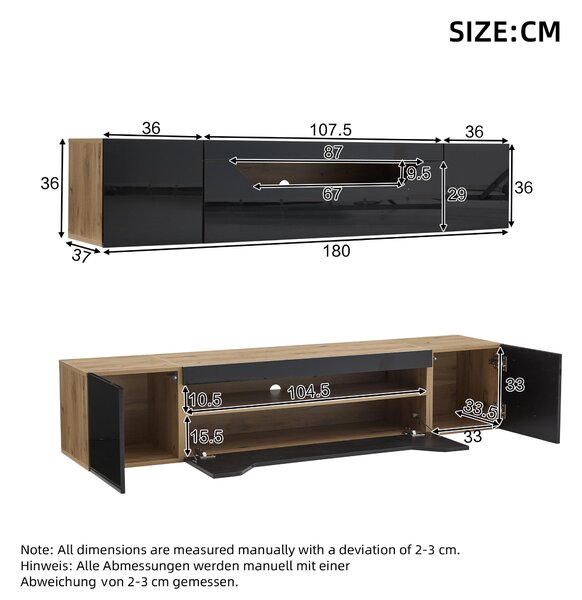 Floating TV Stand with App-Controlled LED Strip and Pull-Down Door, Wall-Mounted TV Unit with Storage Shelves, 180L x 37W x 36H cm, Black Aosom UK