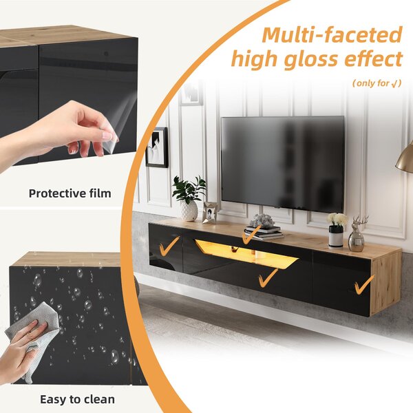 Floating TV Stand with App-Controlled LED Strip and Pull-Down Door, Wall-Mounted TV Unit with Storage Shelves, 180L x 37W x 36H cm, Black Aosom UK
