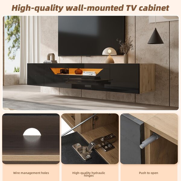Floating TV Stand with App-Controlled LED Strip and Pull-Down Door, Wall-Mounted TV Unit with Storage Shelves, 180L x 37W x 36H cm, Black Aosom UK