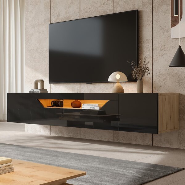 Floating TV Stand with App-Controlled LED Strip and Pull-Down Door, Wall-Mounted TV Unit with Storage Shelves, 180L x 37W x 36H cm, Black Aosom UK