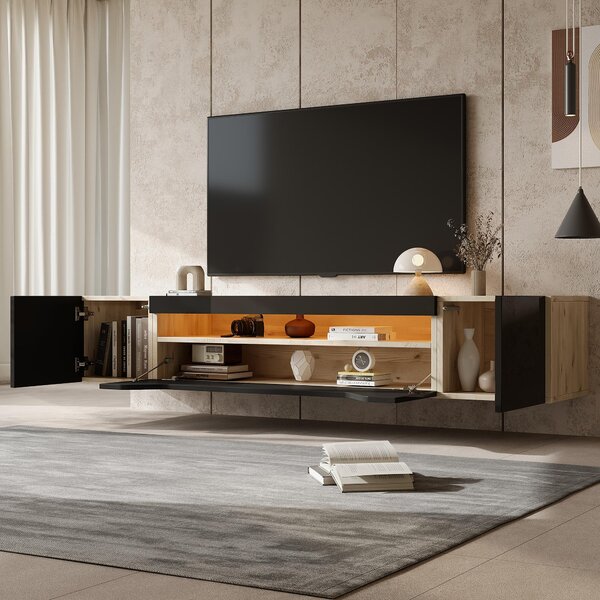 Floating TV Stand with App-Controlled LED Strip and Pull-Down Door, Wall-Mounted TV Unit with Storage Shelves, 180L x 37W x 36H cm, Black Aosom UK