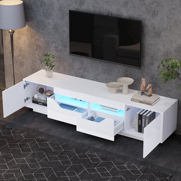 High-Gloss TV Entertainment Centre with App-Controlled LED Lighting, Modern TV Stand with Multi-Zone Storage, 180L x 40W x 45H cm, White Aosom UK