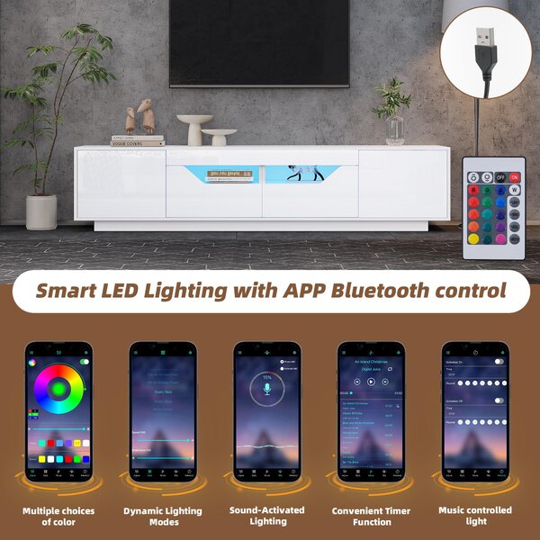 High-Gloss TV Entertainment Centre with App-Controlled LED Lighting, Modern TV Stand with Multi-Zone Storage, 180L x 40W x 45H cm, White Aosom UK