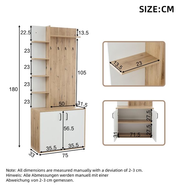 Hall Tree Coat Rack with Shoe Cabinet and 5 Open Shelves, Double‑door Storage for Narrow Entrance, 75L x 33W x 180H cm, White+Oak Aosom UK