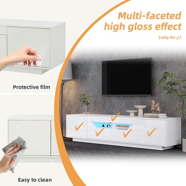 High-Gloss TV Entertainment Centre with App-Controlled LED Lighting, Modern TV Stand with Multi-Zone Storage, 180L x 40W x 45H cm, White Aosom UK