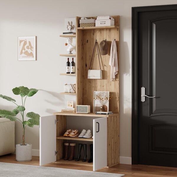 Hall Tree Coat Rack with Shoe Cabinet and 5 Open Shelves, Double‑door Storage for Narrow Entrance, 75L x 33W x 180H cm, White+Oak Aosom UK