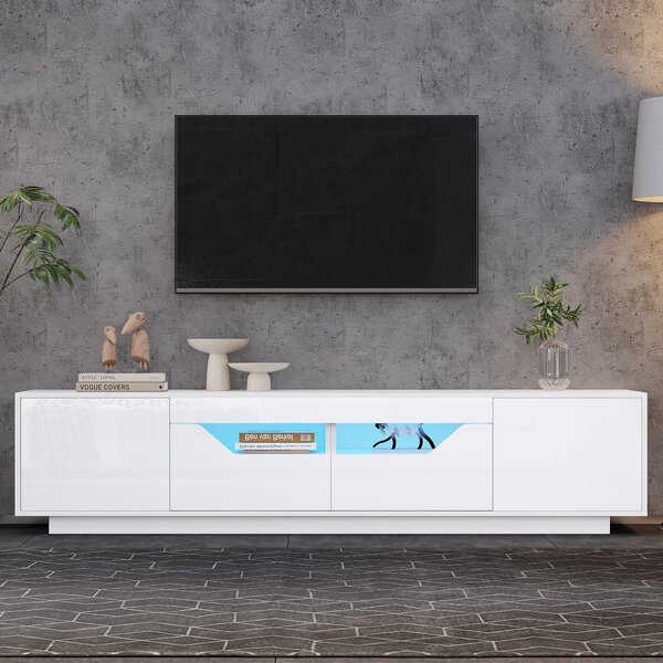 High-Gloss TV Entertainment Centre with App-Controlled LED Lighting, Modern TV Stand with Multi-Zone Storage, 180L x 40W x 45H cm, White Aosom UK