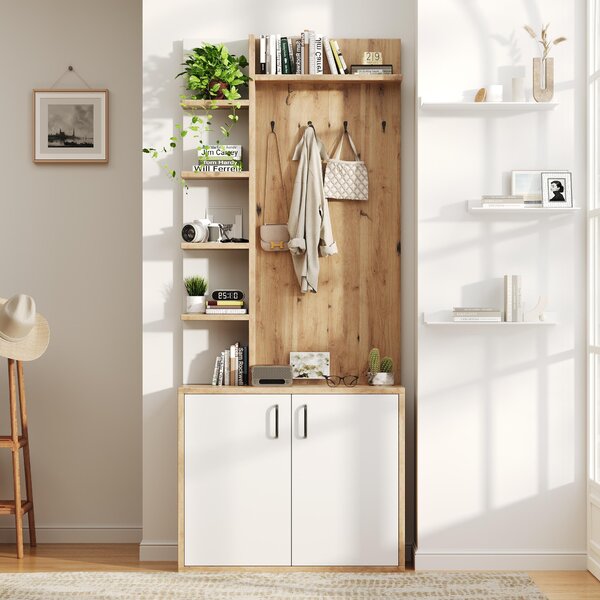 Hall Tree Coat Rack with Shoe Cabinet and 5 Open Shelves, Double‑door Storage for Narrow Entrance, 75L x 33W x 180H cm, White+Oak Aosom UK