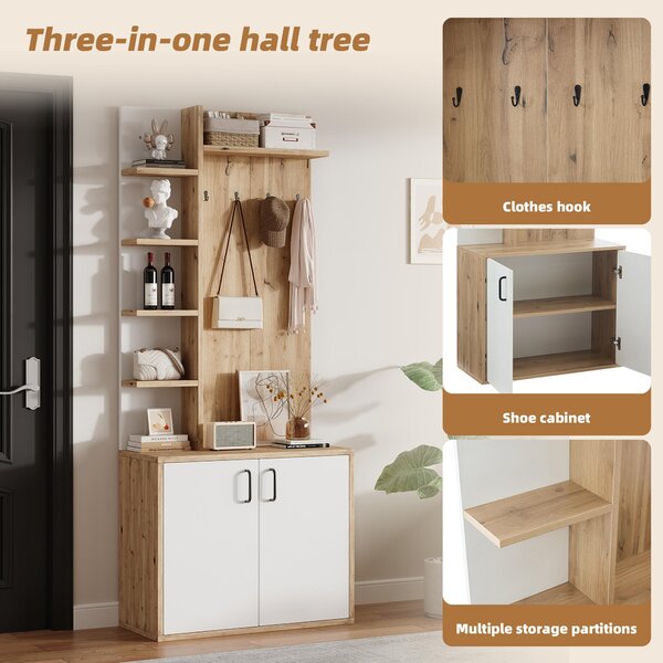 Hall Tree Coat Rack with Shoe Cabinet and 5 Open Shelves, Double‑door Storage for Narrow Entrance, 75L x 33W x 180H cm, White+Oak Aosom UK