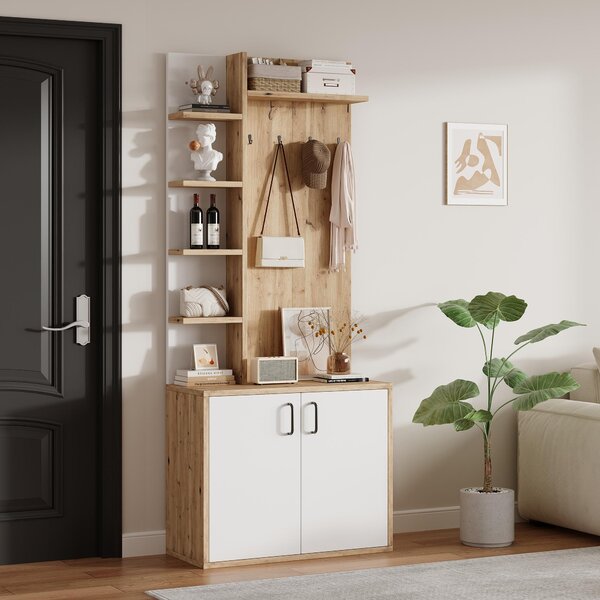 Hall Tree Coat Rack with Shoe Cabinet and 5 Open Shelves, Double‑door Storage for Narrow Entrance, 75L x 33W x 180H cm, White+Oak Aosom UK