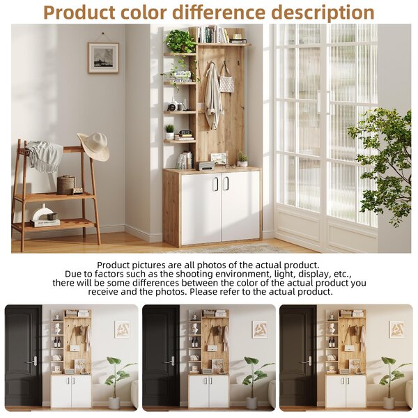 Hall Tree Coat Rack with Shoe Cabinet and 5 Open Shelves, Double‑door Storage for Narrow Entrance, 75L x 33W x 180H cm, White+Oak Aosom UK