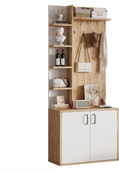 Hall Tree Coat Rack with Shoe Cabinet and 5 Open Shelves, Double‑door Storage for Narrow Entrance, 75L x 33W x 180H cm, White+Oak Aosom UK