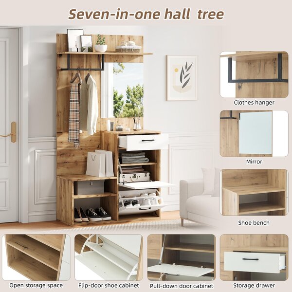 7-In-1 Coat Rack with 2 Shoe Compartments and Semi-open Shelves, High-gloss Cabinet with Mirror, 100L x 38.5W x 190H cm, White+Oak Aosom UK