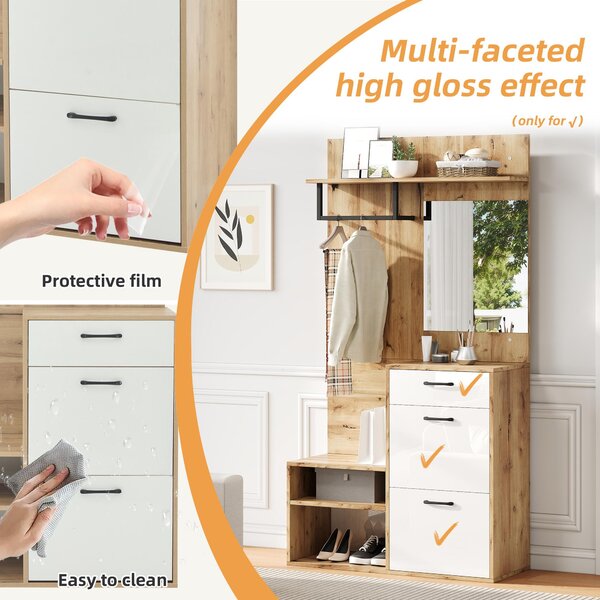 7-In-1 Coat Rack with 2 Shoe Compartments and Semi-open Shelves, High-gloss Cabinet with Mirror, 100L x 38.5W x 190H cm, White+Oak Aosom UK