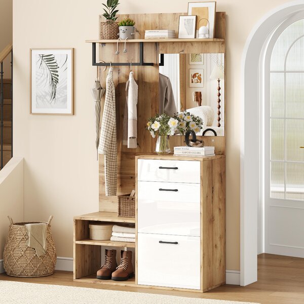 7-In-1 Coat Rack with 2 Shoe Compartments and Semi-open Shelves, High-gloss Cabinet with Mirror, 100L x 38.5W x 190H cm, White+Oak Aosom UK