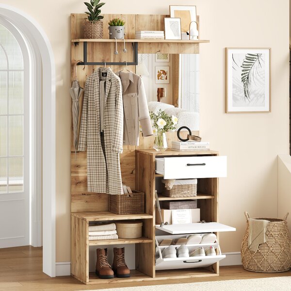 7-In-1 Coat Rack with 2 Shoe Compartments and Semi-open Shelves, High-gloss Cabinet with Mirror, 100L x 38.5W x 190H cm, White+Oak Aosom UK
