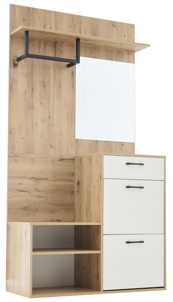 7-In-1 Coat Rack with 2 Shoe Compartments and Semi-open Shelves, High-gloss Cabinet with Mirror, 100L x 38.5W x 190H cm, White+Oak Aosom UK