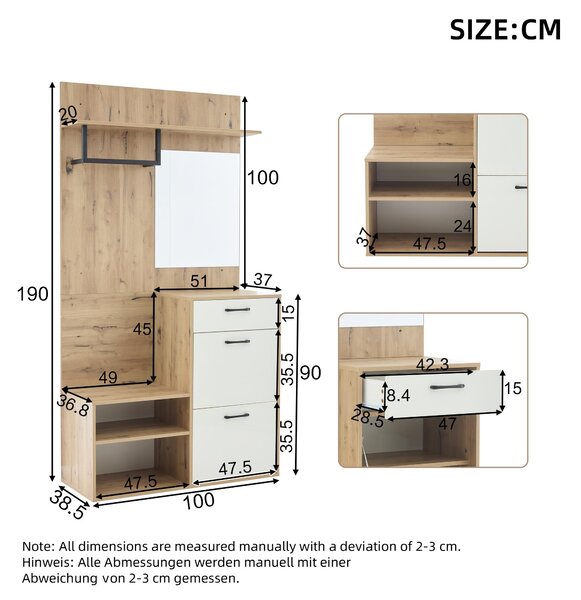 7-In-1 Coat Rack with 2 Shoe Compartments and Semi-open Shelves, High-gloss Cabinet with Mirror, 100L x 38.5W x 190H cm, White+Oak Aosom UK
