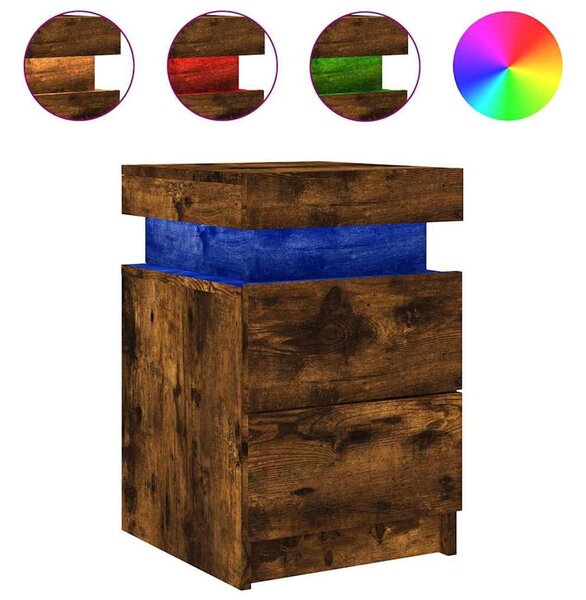 Syracuse Wooden Bedside Cabinet With 2 Drawers And LED - Smoked Oak
