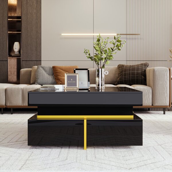 High-Gloss Coffee Table with Accents, Drawers and Practical Storage, Side Table Ideal for Modern Elegance, 70L x 70W x 35.5H cm, Black Aosom UK