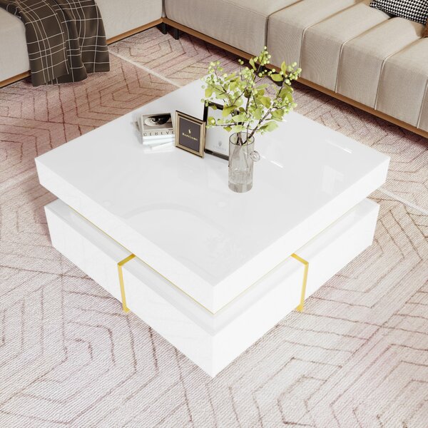 High-Gloss Coffee Table with Gold Accents and Drawers, Tea Table Perfect for Living Rooms and Apartments, 70L x 70W x 35.5H cm, White Aosom UK