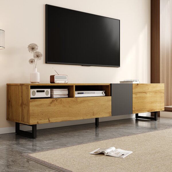 Retro TV Cabinet with Three Doors and 2 Compartments, U-Shaped Legs, TV Stand for Living Rooms, 170L x 36.5W x 42H cm, Dark Gray+Natural Aosom UK