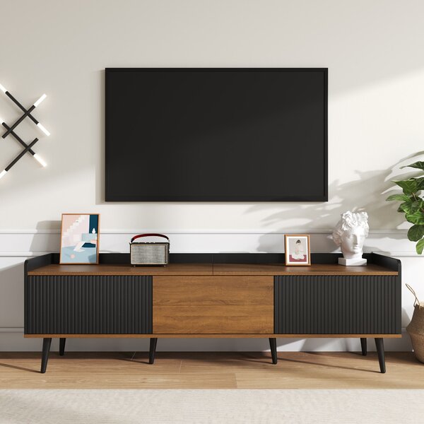 3 Doors TV Cabinet with Raised Edge and Wooden Legs, Media Cabinet Ideal for Modern Homes with Children, 160L x 39W x 49.5H cm, Black Aosom UK