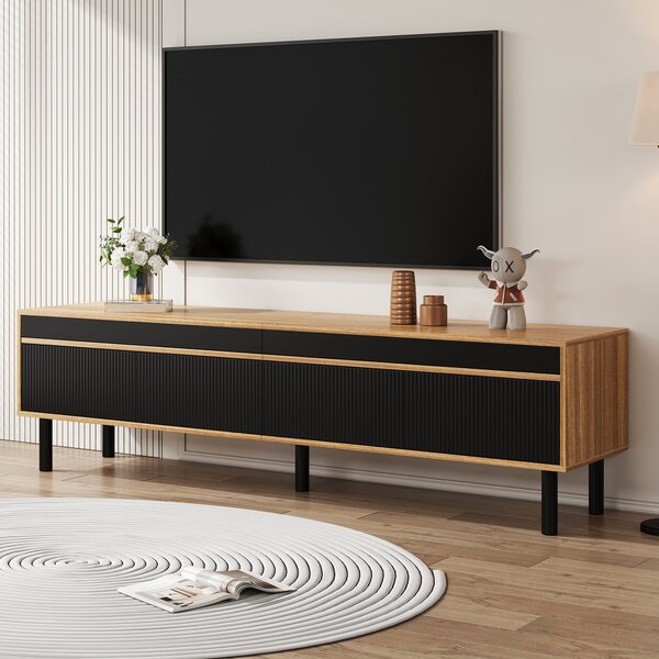 Elegant TV Cabinet with 4 Doors, Striped Design and Wooden Legs, Media Cabinet for Modern Homes, 170L x 38W x 47H cm, Black+Natural Aosom UK