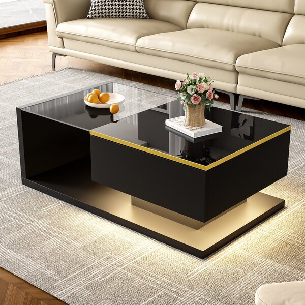 High-Gloss Black Coffee Table with Tempered Glass Top and LED Lighting, Tea Table Perfect for Modern Elegance, 90L x 50W x 32.5H cm, Black Aosom UK