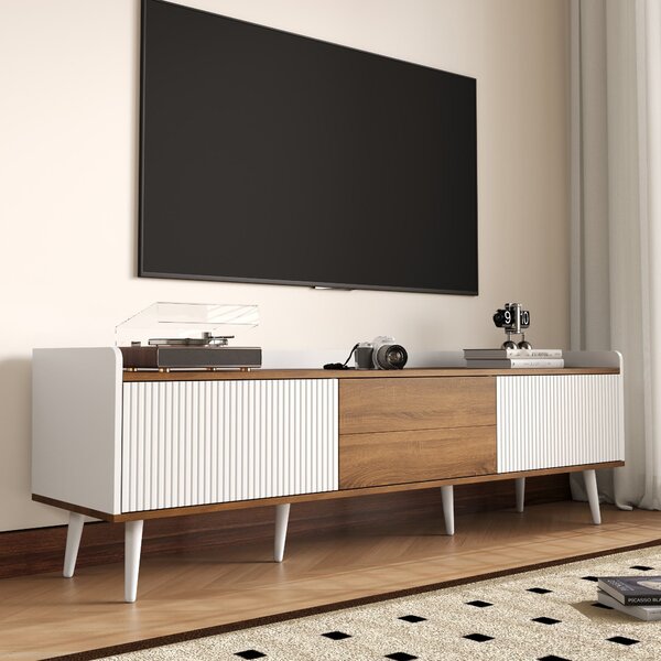 3 Doors TV Cabinet with Raised Edge and Wooden Legs, Media Cabinet Ideal for Modern Homes with Children, 160L x 39W x 49.5H cm, White Aosom UK