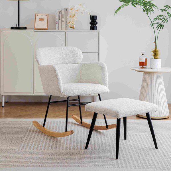 Footstool Armchair Rocking Chair with Soft Cushion and Solid Wood Legs, Recliner Chair with Comfortable Footrest, 61x72.5x82 cm, White Aosom.UK