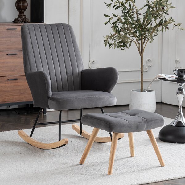 Footstool Armchair Rocking Chair with Metal Frame and Solid Wood Legs, High Back Ergonomic Recliner Chair with Footrest, 64x84x97 cm, Grey Aosom.UK