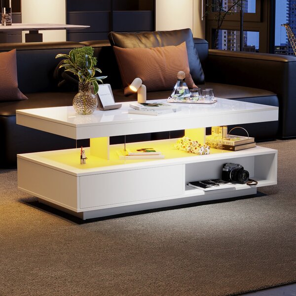 LED Coffee Table with 2 Drawer Storage with High Gloss Top and 16-Colour LED Lights, Modern Living Room Centerpiece, 95x50x42.5 cm, White Aosom.UK