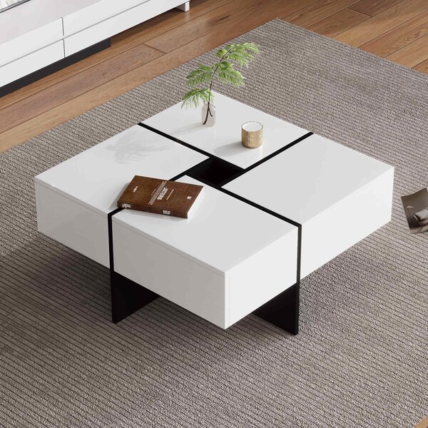 Multifunctional Lift Top Coffee Table with 4 Drawers and Storage, High Gloss Top, Living Room Centre Table Tea Table, 70x70x35 cm, White Aosom.UK