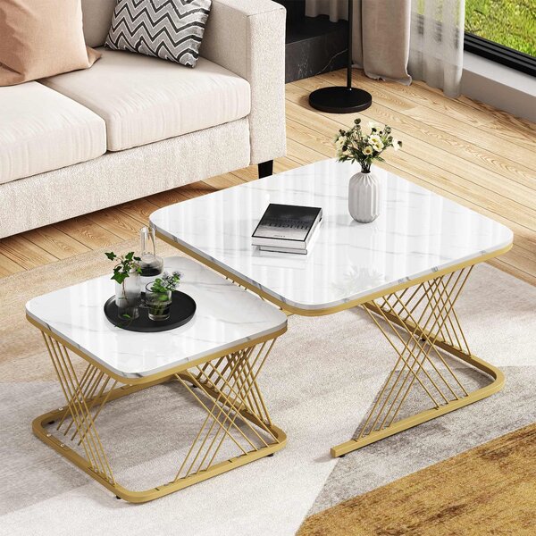 Nest of 2 Modern Marble Coffee Tables with Gold Metal Frame, Multi-functional End Side Tables with Marble Pattern Top, 70x70x43 cm, White Aosom.UK