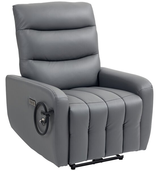 HOMCOM Electric Recliner Armchair with USB + Type C Charge Port, Phone Holder, PU Leather Reclining Chair with Adjustable Leg Rest, Recliner Chair for Home Living Room Theater, Grey