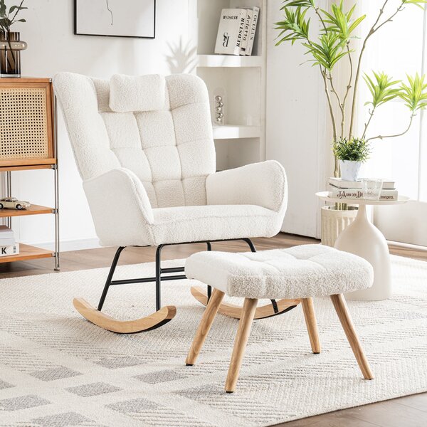 Footstool Armchair Rocking Chair with Metal Frame and Solid Wood Legs, High Back Ergonomic Recliner Chair with Footrest, 65x93x92 cm, White Aosom.UK