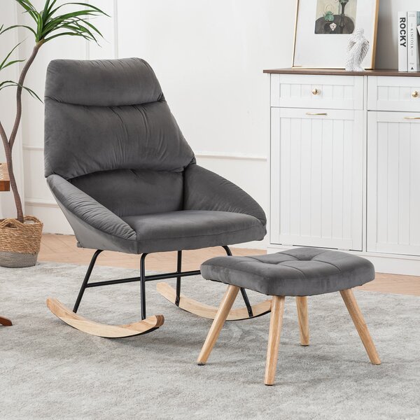 Footstool Armchair Rocking Chair with Soft Cushion and Wood Legs, High Back Upholstered Tub Recliner Chair with Footrest, 69x94x97 cm, Grey Aosom.UK