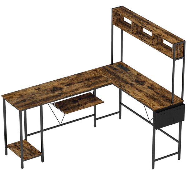 HOMCOM 160cm Reversible L Shaped Desk with Power Outlet, Industrial Corner Desk with Storage Shelves and Keyboard Tray, Rustic Brown