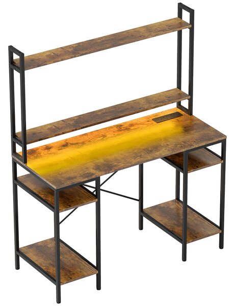 HOMCOM Computer Desk with Power Outlets and LED Lights, Home Office Desk with Monitor Stand and 2 CPU Stands, Study Table Gaming Desk with Hutch, Rustic Brown