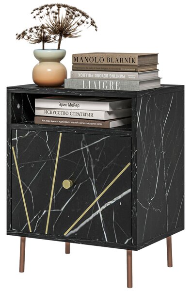 HOMCOM Marble Effect Bedside Table, Modern Side Table with Drawer, Open Shelf and Gold Tone Metal Legs for Bedroom, Living Room, Black