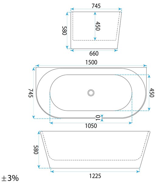 Wall acrylic bath CAPRI SLIM 150cm