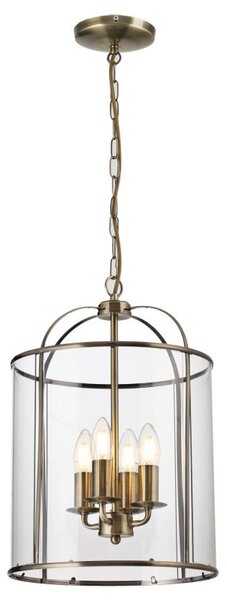 Traditional 4 Light Antique Brass Circular Hanging Hall Ceiling Lantern Light with Glass Panels