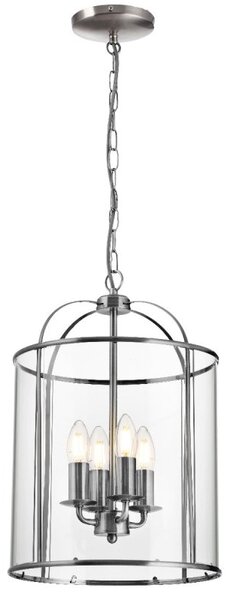 Traditional 4 Light Circular Satin Nickel Hanging Hall Ceiling Lantern Light with Glass Panels