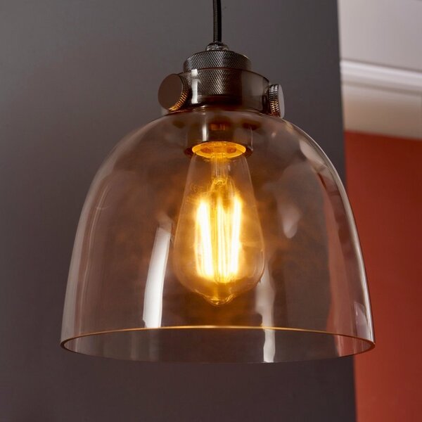 Industrial 1 Light Ceiling Pendant Light In Black Chrome Finish With Smokey Grey Tinted Glass