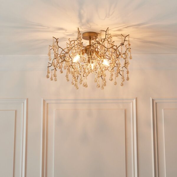 Osier 3 Light Semi Flush Ceiling Light In Aged Gold With Champagne Glass Teardrops