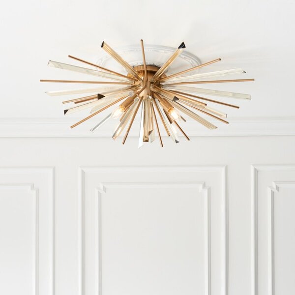 Contemporary 4 Light Flush Ceiling Light In Antique Brass With Champagne Glass