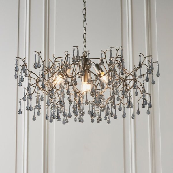 Osier 4 Light Ceiling Pendant In Aged Silver With Smokey Glass Teardrops