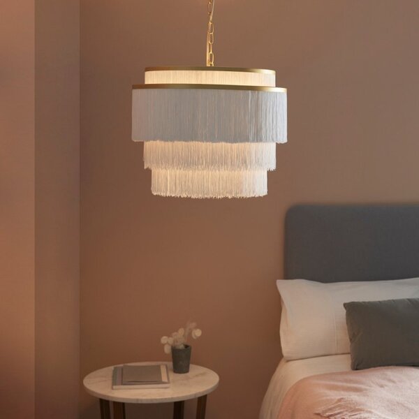 Lulu 3 Light Ceiling Pendant Light In Matt Gold Finish With White Tassels